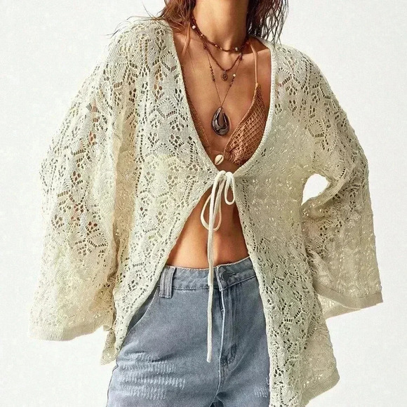 Beige Casual Women's Hollow Out Knitted Cardigan With Flared Sleeves - Picture 3 of 8